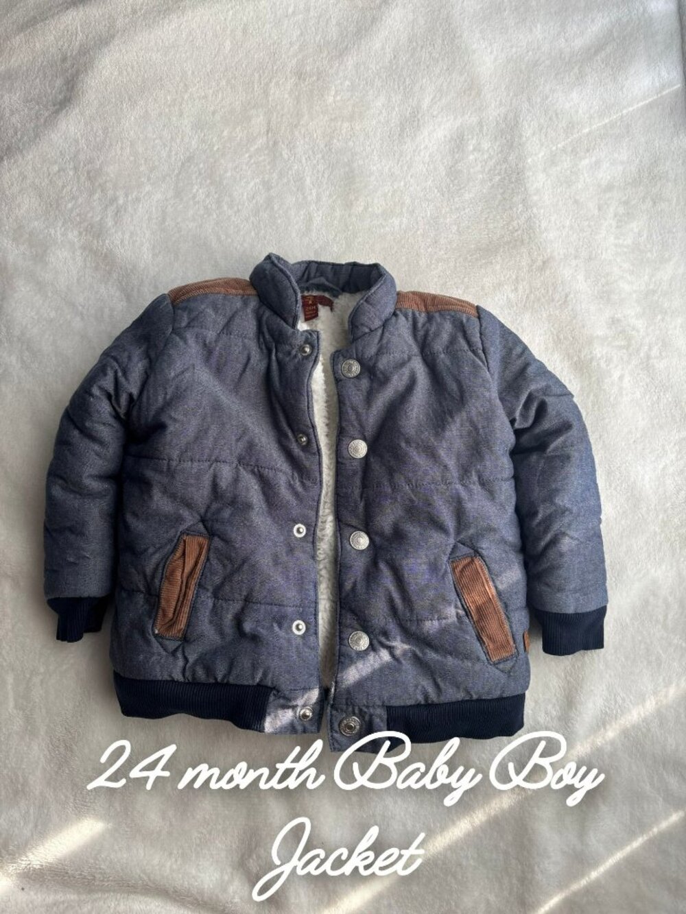 24M Baby Boy Blue Winter Jacket Brown Trim